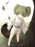  barefoot bucket child from_above green_eyes green_hair hair_bobbles hair_ornament japanese_clothes kisume short_hair solo standing touhou tree twintails urin 