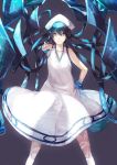  a.q.u.a bad_id blue_eyes bracelet clenched_teeth dress hand_on_hip hat ikamusume jewelry long_hair looking_at_viewer multicolored_hair pointing shinryaku!_ikamusume simple_background solo tentacle_hair 