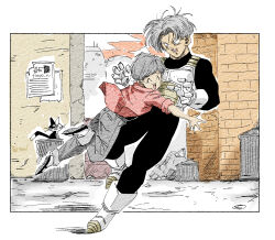  1boy 1girl :d ^_^ armor artist_name boots bulma bulma_(future) cat closed_eyes clouds cloudy_sky commentary_request crying denim dragon_ball dragon_ball_z fenyon floating_hair full_body gloves happy_tears highres hug jacket jeans looking_at_another mother_and_son open_mouth outdoors outside_border outstretched_arms pants poster_(object) road saiyan_armor short_hair sky smile street tears teeth trash_can trunks_(dragon_ball) trunks_(future)_(dragon_ball) twitter_username white_gloves 