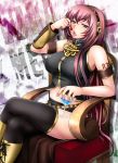  black_legwear black_thighhighs blue_eyes boots breasts cherry crossed_legs food fruit glass headphones large_breasts legs legs_crossed long_hair looking_at_viewer megurine_luka midriff pink_hair plump sitting skirt solo thigh-highs thighhighs thighs tongue touno_itsuki vocaloid zettai_ryouiki 