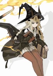  1girl absurdres arknights black_coat black_hat black_horns black_ribbon blonde_hair book braid brown_pantyhose closed_mouth coat commentary feet_out_of_frame fire front-seamed_legwear grey_eyes hair_ribbon hat highres holding holding_book horns light_smile long_hair long_sleeves looking_at_viewer off_shoulder official_alternate_costume open_clothes open_coat pantyhose pleated_skirt reed_(arknights) reed_the_flame_shadow_(arknights) reed_the_flame_shadow_(curator)_(arknights) revision ribbon seamed_legwear shirt sitting skirt solo split_mouth sun_showdmp tail white_background white_shirt white_skirt 