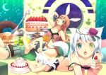  4girls animal_ears aqua_eyes bare_shoulders bicolored_eyes blonde_hair blue_eyes bunnygirl butter cake catgirl cupcake doughnut earring extra_ears food fork foxgirl fruit grey_hair green_eyes hair_ornament heterochromia jewelry kneeling long_hair lying midriff open_mouth orange_hair pancake red_eyes sparkles tail tongue underwear white_hair wolfgirl yellow_eyes yoshino_ryou 