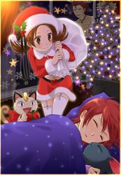  antlers bell brown_hair christmas christmas_tree collar delibird hat highres hug kotone_(pokemon) meowth midriff okitune-sama pikachu pokemon pokemon_(game) pokemon_gsc pokemon_hgss red_hair redhead reindeer santa_costume santa_hat silver_(pokemon) sleeping smile sneasel thighhighs thumbs_up tree twintails umbreon vulpix wataru_(pokemon) when_you_see_it xatu 
