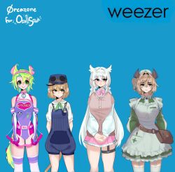  0rcazone 4girls animal_ears arms_behind_back ashton_marten_(vtuber) bag blonde_hair blue_background blue_hat bow bowtie brown_hair closed_mouth dooby_(vtuber) dress elbow_gloves english_commentary feet_out_of_frame frills frown gloves goggles goggles_on_headwear green_dress green_eyes green_hair green_necktie hair_ornament hairband hairclip hat highres hyuni_(character) indie_virtual_youtuber leotard long_sleeves multiple_girls necktie nimi_nightmare nurse_cap overall_shorts overalls pink_bow pink_bowtie pink_eyes pink_hairband pink_skirt purple_leotard see-through_clothes see-through_skirt shirt short_sleeves signature simple_background skirt smile standing tail thigh-highs virtual_youtuber weezer_(band) weezer_(blue_album) white_hair white_shirt 