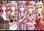  card cards column_lineup flandre_scarlet highres hong_meiling izayoi_sakuya lying_card multiple_girls patchouli_knowledge playing_card playing_cards ram_hachimin remilia_scarlet touhou 