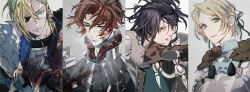 1girl 3boys arm_up armor black_hair black_ribbon black_shirt blonde_hair blood blood_on_armor blood_on_face blue_cape blue_eyes breastplate brown_eyes brown_fur cape closed_mouth curtained_hair dimitri_alexandre_blaiddyd dimitri_alexandre_blaiddyd_(timeskip) downcast_eyes eyepatch felix_hugo_fraldarius felix_hugo_fraldarius_(timeskip) fire_emblem fire_emblem:_three_houses fur-trimmed_cape fur-trimmed_collar fur-trimmed_gloves fur_trim gloves green_eyes hair_behind_ear hair_over_one_eye hair_ribbon high_collar holding holding_weapon ingrid_brandl_galatea ingrid_brandl_galatea_(timeskip) leather leather_gloves looking_at_viewer looking_to_the_side medium_hair multiple_boys one_eye_covered orange_eyes parted_bangs red_fur red_hair ribbon sanpaku shirt sideways_glance sylvain_jose_gautier sylvain_jose_gautier_(timeskip) tassel tsukimura_noe turtleneck upper_body weapon white_fur 