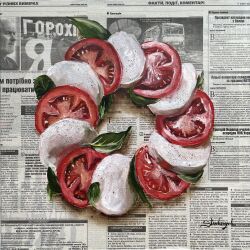  absurdres basil_leaf food food_focus highres julia_stankevych mozzarella newspaper no_humans oil_painting_(medium) original painting_(medium) pepper_(spice) photo_(medium) realistic salad signature still_life tomato tomato_slice traditional_media wall_of_text 