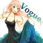  armlet bare_shoulders black_dress blue_eyes breasts cleavage dress earrings jewelry long_hair megurine_luka nail_polish open_mouth pink_hair smile solo vocaloid vogue_(vocaloid) yunco 