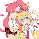  2girls breasts cleavage hair_ornament multicolored_eyes multicolored_hair multiple_girls nia_teppelin ponytail red_hair redhead scarf simple_background smile symbol-shaped_pupils tengen_toppa_gurren-lagann tengen_toppa_gurren_lagann two-tone_eyes two-tone_hair yellow_eyes yoko_littner young 