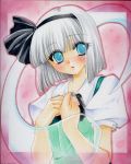  blue_eyes blush bob_cut copics hairband konpaku_youmu konpaku_youmu_(ghost) marker_(medium) millipen_(medium) mitsuba_(threeleaf) myon nail_polish pastel_(medium) see-through short_hair short_sleeves solo touhou traditional_media 