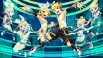  arm_warmers armpits bass_clef belt blonde_hair blue_eyes bow brother_and_sister collar detached_sleeves floating hair_ornament hair_ribbon hairclip hand_holding headphones hexagon highres holding_hands junji kagamine_len kagamine_len_(append) kagamine_rin kagamine_rin_(append) leg_warmers midriff multiple_persona navel navel_cutout open_mouth outstretched_arm ponytail popped_collar ribbon sailor_collar see_through short_hair short_shorts shorts siblings smile twins vocaloid vocaloid_append wink 