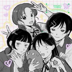  4girls :d animal blazer blunt_bangs blush braid broken_heart closed_mouth collared_shirt commentary double_v dress_shirt fujii_ayame futsuu_no_keion-bu greyscale_with_colored_background grid_background gyaru_v hair_ornament hairpin hand_on_own_face hands_up hatono_chihiro heart heartbreak_(futsuu_no_keion-bu) highres holding holding_animal hood hooded_jacket jacket kouyama_rin long_hair multicolored_hair multiple_girls neck_ribbon no_mole open_clothes open_jacket parted_bangs pixie_cut ribbon school_uniform self-doubt_animal_(futsuu_no_keion-bu) shirt short_hair smile sparkle sweater_vest swept_bangs symbol-only_commentary ttt_konbu twin_braids twitter_username two-tone_hair uchida_momo upper_body v watermark wolf_cut 