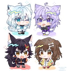  4girls :3 :d ;3 ahoge animal_ear_fluff animal_ears black_hair black_sailor_collar black_shirt black_shoes black_shorts black_skirt black_thighhighs blue_dress blue_eyes blue_hair blue_neckerchief bone_hair_ornament braid brown_eyes brown_hair cat_ears cat_girl cat_tail chibi chibi_only closed_mouth commentary_request crop_top cropped_shirt detached_ahoge dog_ears dog_girl dress fang fox_ears fox_girl fox_tail full_body hair_between_eyes hair_ornament highres hololive hololive_gamers inugami_korone inugami_korone_(1st_costume) jacket long_hair long_sleeves looking_at_viewer multicolored_hair multiple_girls neckerchief necktie nekomata_okayu nekomata_okayu_(1st_costume) notamaru_2 one_eye_closed ookami_mio ookami_mio_(1st_costume) open_clothes open_jacket open_mouth pants pleated_skirt purple_hair red_hair red_necktie red_socks ribbon-trimmed_sleeves ribbon_trim sailor_collar shirakami_fubuki shirakami_fubuki_(1st_costume) shirt shoes short_hair shorts simple_background single_braid single_thighhigh skirt smile socks standing streaked_hair tail thigh-highs twin_braids twitter_username violet_eyes virtual_youtuber watermark white_background white_dress white_pants white_sailor_collar white_shoes yellow_eyes yellow_jacket yellow_shoes 