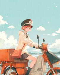  1girl bag black_hat black_socks commission day feet_out_of_frame from_side hat highres jacket long_sleeves looking_at_viewer looking_to_the_side mailman miniskirt motor_vehicle nakamura_hinata original outdoors peaked_cap red_hair riding_scooter scooter short_hair shoulder_bag skeb_commission skirt socks solo white_jacket 