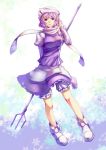  ankle_boots badge bloom blue_eyes breasts hat jpeg_artifacts large_breasts lavender_hair letty_whiterock polearm scarf short_hair skirt skirt_set smile snowflakes solo spear sukocchi touhou trident weapon 
