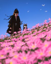  1girl 1other bird black_hair black_kimono blue_sky blurry blurry_foreground daisy_(flower) dog dutch_angle flower grass hair_ornament hair_ribbon highres japanese_clothes katana kimono looking_at_object meadow multiple_weapons original pink_flower ribbon sam_yang sheath sheathed sidelocks sky sword too_many_flowers weapon 