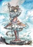  adapted_costume alternate_costume animal_ears arm_up boots capelet grey_hair highres jewelry knee_boots koyomiuta mouse mouse_ears mouse_tail nazrin pendant polearm red_eyes short_hair solo spear tail touhou traditional_media watercolor_(medium) weapon 