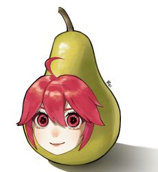  1girl ahoge closed_mouth commentary english_commentary food fruit hair_between_eyes kasane_teto looking_at_viewer pear pearto red_eyes red_hair red_lips reisonant short_hair sidelocks signature simple_background smile solo straight_hair utau white_background 