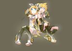  arm_warmers blonde_hair brother_and_sister detached_sleeves hair_ornament hair_ribbon hairclip hand_on_headphones headphones highres kagamine_len kagamine_len_(append) kagamine_rin kagamine_rin_(append) ksb ksb_(ugheaven) leg_warmers navel popped_collar ribbon short_hair shorts siblings sitting smile twins vocaloid vocaloid_append 