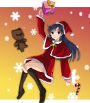  blue_hair brown_eyes candy_cane gift holding holding_gift idolmaster kisaragi_chihaya long_hair minazuki_randoseru mittens oudanhodou santa_costume snowflakes stuffed_animal stuffed_toy teddy_bear 