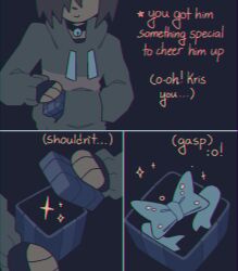  act_button bell_collar brown_hair chromatic_aberration deceased_bunny_(artist) deltarune eyes_out_of_frame kris_(deltarune) present ribbon soul_(deltarune) sweater 