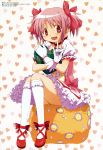  bow dress gloves hair_bow heart_pillow kaname_madoka laced_shoes mahou_shoujo_madoka_magica open_mouth pink_hair red_eyes smile twintails wink 