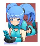  blue_hair blush breasts cellphone cosmic_break gloves lily_rain lying on_stomach phone sideboob tears twintails wakaba 