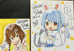  1other 2girls :d aged_down animal_ears blue_shoes blush bone_hair_ornament bow braid brown_eyes brown_hair carrot_hair_ornament cartoon_bone closed_mouth commentary_request dated dog_ears don-chan_(usada_pekora) dress food-themed_hair_ornament hair_between_eyes hair_bow hair_ornament hand_on_another&#039;s_head highres hololive inugami_korone inugami_korone_(1st_costume) jacket kiritoma listener_(inugami_korone) looking_at_viewer looking_to_the_side low_twintails multiple_girls off_shoulder open_clothes open_jacket puffy_short_sleeves puffy_sleeves rabbit-shaped_pupils rabbit_ears red_eyes shoes short_eyebrows short_sleeves signature sleeveless sleeveless_dress smile socks squatting symbol-shaped_pupils thick_eyebrows translation_request twin_braids twintails usada_pekora virtual_youtuber white_bow white_dress white_socks yellow_jacket 