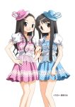  alice alice_(claris) aoki_ume black_hair blue_dress blush cap clara clara_(claris) claris claris_(group) dress hand_on_hip hat hime_cut hips locked_arms long_hair multiple_girls open_mouth pink_dress skirt smile 