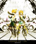  arm_warmers blonde_hair brother_and_sister detached_sleeves guitar hair_ornament hair_ribbon hairclip headphones instrument kagamine_len kagamine_len_(append) kagamine_rin kagamine_rin_(append) leg_warmers ribbon short_hair shorts siblings tomsan twins vocaloid vocaloid_append 