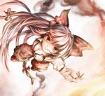  &gt;:) bad_id bangs bow breasts cleavage empty_eyes fire flying from_above fujiwara_no_mokou hair_bow hair_ribbon hands long_hair looking_at_viewer nagayo outstretched_arms pants perspective red ribbon smoke solo straight_hair touhou white_background white_hair 