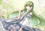 bare_shoulders detached_sleeves dutch_angle flower frog green_eyes green_hair hair_ornament happy jewelry kochiya_sanae long_hair necklace open_mouth outstretched_hand petals skirt smile snake solo touhou vetina wide_sleeves