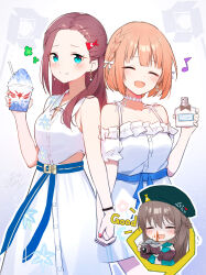  2girls 3girls absurdres bangs_pinned_back belt beret blonde_hair blue_belt braid breasts brown_hair dress earrings fish_hair_ornament green_eyes hair_ornament hairband half_up_braid hat heaven_burns_red highres holding_hands jewelry large_breasts long_hair multiple_girls ooshima_ichiko ooshima_muua ooshima_niina rinki_oohen short_hair siblings sisters white_background white_dress yellow_eyes 