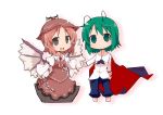  animal_ears antennae brown_eyes cape chibi dress_shirt fanfad green_eyes green_hair hat highres ladfa multiple_girls mystia_lorelei pants pink_hair shirt short_hair touhou wings wriggle_nightbug 