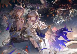  1boy 1girl antlers aqua_eyes arknights bare_shoulders beads blonde_hair blue_hair brown_coat chinese_commentary closed_mouth coat colored_extremities commentary_request dragon_girl dragon_horns ear_piercing earrings grey_hair hair_between_eyes highres holding horns jacket jewelry ji_(arknights) light_smile long_hair long_sleeves looking_at_viewer multicolored_hair necklace off_shoulder piercing pointy_ears shu_(arknights) textless_version tongxi65938_(mo_zuoren) very_long_hair white_hair white_jacket yellow_eyes 