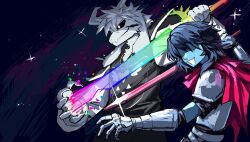  1boy 1other absurdres animal_ears armor armored_gloves asriel_dreemurr asriel_dreemurr_(god_of_hyperdeath) black_dress black_sclera blue_hair blue_skin brown_hair colored_sclera colored_skin deltarune dress energy_sword furry furry_male goat_boy goat_ears green_hoodie green_shirt heart heart_necklace heartbreak_juan highres holding holding_sword holding_weapon horns jewelry kris_(dark_world)_(deltarune) kris_(deltarune) necklace short_hair siblings sword video_game wallpaper weapon white_horns 