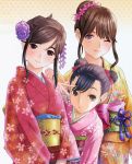  anegasaki_nene black_hair brown_hair face floral_print highres japanese_clothes kimono kobayakawa_rinko long_hair love_plus love_plus_plus mino_taro mino_tarou multiple_girls takane_manaka 