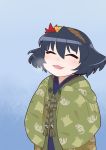  absurdres blue_hair blush child closed_eyes cold eyes_closed hairband hands_in_sleeves happy highres japanese_clothes open_mouth short_hair solo touhou ume_(noraneko) yasaka_kanako young 