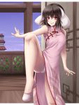  animal_ears black_hair bunny_ears china_dress chinese_clothes fighting_stance highres inaba_tewi leg_up looking_at_viewer mochi.f no_socks panties red_eyes short_hair side_slit smile solo teenage touhou underwear white_panties 