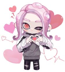  1boy ? ?? androgynous black_pants closed_mouth commentary commentary_request cowboy_shot earrings eyebrow_cut heart heart_hands highres jewelry long_sleeves male_focus medium_hair myon_rio octoling octoling_boy octoling_player_character one_eye_closed pants pink_hair red_eyes solo splatoon_(series) splatoon_3 straight-on symbol-only_commentary tentacle_hair torn_clothes torn_pants white_background 