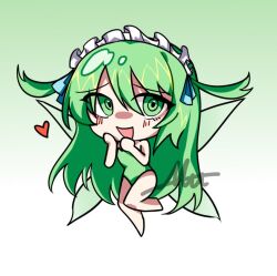  1girl antenna_hair black_souls black_souls_2 blue_ribbon blush chibi chibi_only fairy fairy_wings furrowed_brow gradient_background green_background green_eyes green_hair green_leotard green_wings hair_between_eyes hair_over_eyes hands_on_own_face heart leaf_(black_souls) leg_up leotard long_hair looking_at_viewer looking_to_the_side maid_headdress mu_blood open_mouth ribbon signature simple_background smile standing standing_on_one_leg transparent_wings wings 