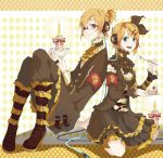  back-to-back bad_id bespectacled blonde_hair brother_and_sister candle cynthia0917 detached_sleeves dress frills glasses hair_ornament hair_ribbon hairclip headphones highres kagamine_len kagamine_rin ribbon short_hair siblings smile spoon twins vocaloid wire 