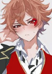  1boy :/ ace_trappola black_jacket blush closed_mouth collared_shirt crossed_bangs dot_nose double-parted_bangs facial_mark hair_between_eyes heart highres hikentai3 jacket looking_at_viewer male_focus night_raven_college_uniform open_collar orange_hair red_eyes red_vest school_uniform shirt simple_background solo sweatdrop twisted_wonderland unfinished upper_body vest white_background wing_collar 