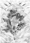  anmitsuyomogi crazy flandre_scarlet grey hand_on_face hand_on_own_face monochrome solo the_embodiment_of_scarlet_devil touhou 