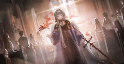  1girl backlighting black_cape blue_eyes brown_dress cape church dikke_(reverse:1999) disembodied_hand dress dutch_angle flamberge fur-trimmed_cape fur_trim grey_hair hand_up highres holding holding_sword holding_weapon indoors long_hair long_sleeves people pew reverse:1999 solo_focus stained_glass sunjinghan0801_(mokacoat) sword weapon 