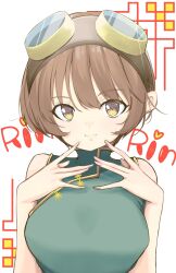  1girl breasts brown_eyes brown_hair character_name china_dress chinese_clothes commentary_request dress fingernails green_dress highres long_fingernails looking_at_viewer medium_breasts rinrin_(sister_princess) short_hair siomaru16 sister_princess smile solo upper_body white_background 
