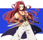 blue_background blue_eyes eterno gloves headband long_hair male red_hair redhead solo sword tales_of_(series) tales_of_symphonia weapon zelos_wilder 