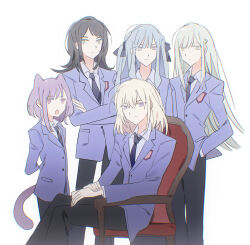  5girls animal_ears arms_behind_back ave_mujica_(bang_dream!) bang_dream! bang_dream!_it&#039;s_mygo!!!!! black_hair black_pants blonde_hair blue_eyes blue_hair blue_necktie blue_ribbon cat_ears cat_girl cat_tail chair closed_mouth commentary crossed_arms green_hair hair_between_eyes hair_ornament hair_ribbon hairclip hand_in_pocket highres jacket kemonomimi_mode long_hair long_sleeves medium_hair misumi_uika multiple_girls necktie open_mouth ouran_high_school_host_club ouran_high_school_uniform pants pink_eyes purple_hair purple_jacket reiboubyou ribbon school_uniform shirt short_hair sidelocks simple_background sitting standing tail togawa_sakiko two_side_up violet_eyes wakaba_mutsumi white_background white_shirt yahata_umiri yellow_eyes yuutenji_nyamu 