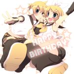  arm_warmers ascot blonde_hair detached_sleeves grin hair_ornament hair_ribbon hairpin happy_birthday headphones headset holding_hands kagamine_len kagamine_rin midriff navel open_mouth ribbon short_hair shorts siblings smile twins vocaloid 