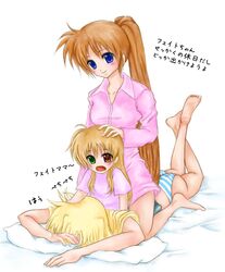  barefoot blonde_hair blue_eyes blush brown_hair fate_testarossa hair_ribbon heterochromia long_hair lyrical_nanoha mahou_shoujo_lyrical_nanoha mahou_shoujo_lyrical_nanoha_strikers panties red_eyes ribbon side_ponytail striped striped_panties takamachi_nanoha translated translation_request underwear very_long_hair vivio watercolormark 